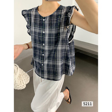 韩系洋气飞飞袖衬衫木耳花边宽松显瘦单排扣女上衣别致格子纹小衫