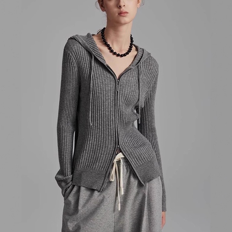 Marryher 80-Count 16-Needle Fine Wool Knitted Top Zipper Hooded Double-Ended Zipper Cardigan for Women