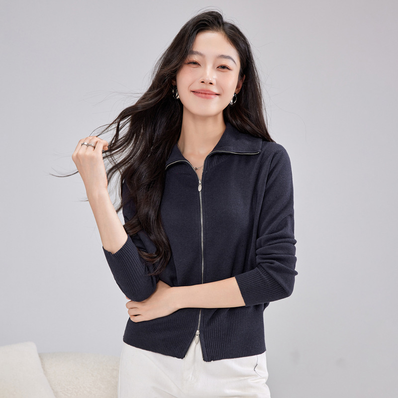 Lapel Double Zipper Wool Knitted Cardigan for Women Autumn and Winter Style Small Outer Wool Short Simple Sweater Jacket