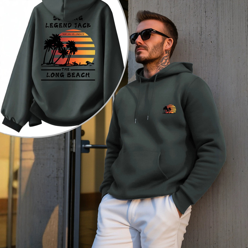 Surfing hooded sweatshirt, with sunset and coconut tree beach prints on the front and back, American retro loose-fit pullover hoodie.