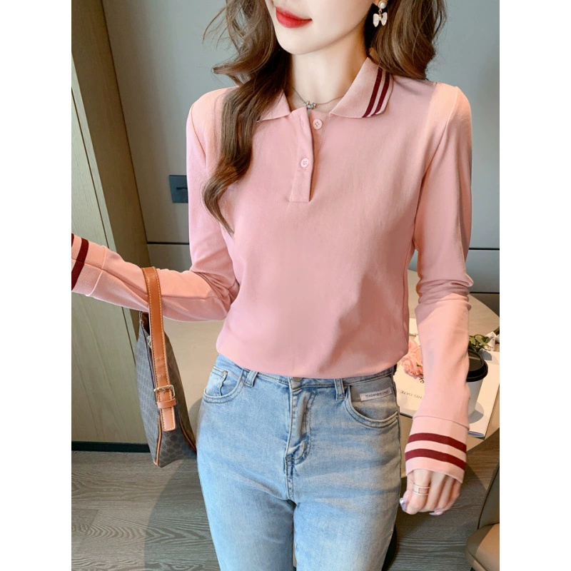 Поставлено 2024 осенняя новая футболка с длинными рукавами рубашка POLO рабочая одежда дикая тонкая топ для женщин