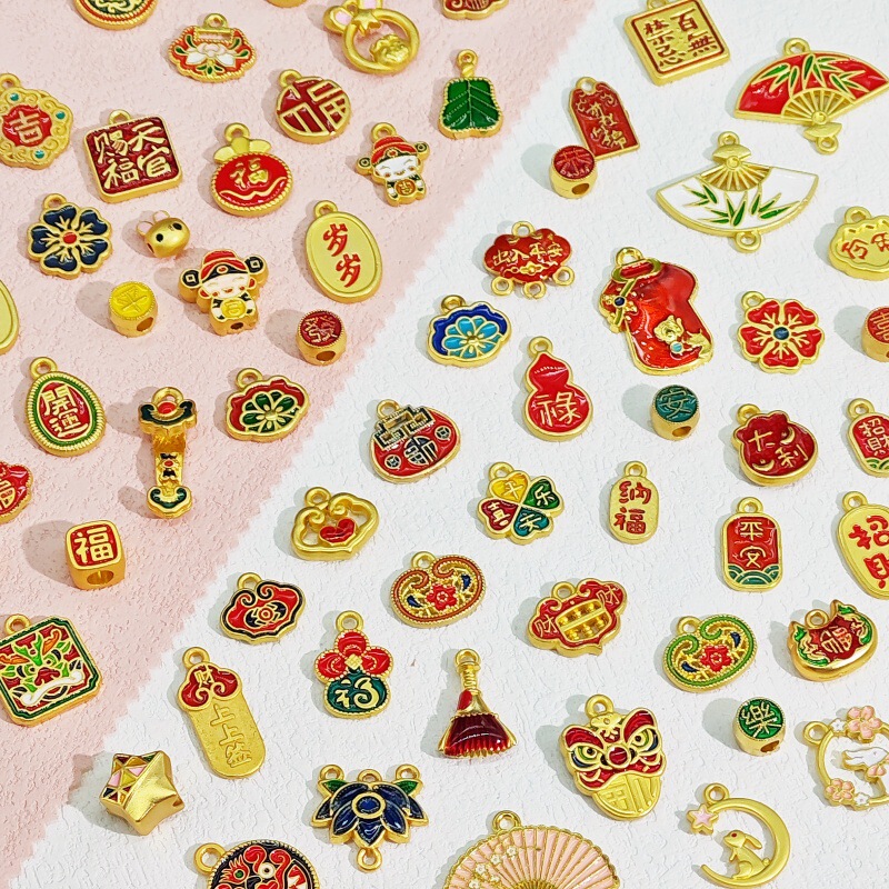 Gold-Plated Color-Preserving Accessory Pendant DIY Fortune God Blessing New Year Series Lucky Bracelet Pendant Large Hole Jewelry Accessory