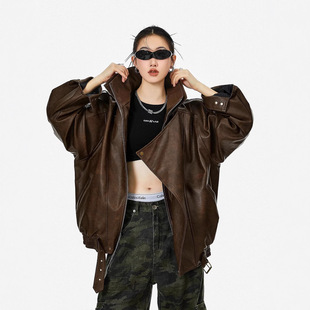 Spring New Niche Gentle Heavy Industry Design Retro Vertical Collar Motorcycle Leather Jacket PU Jacket Top Short Outer