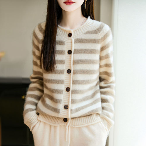 Autumn/Winter Thick 100% Wool Cardigan for Women, Round Neck Knit Coat, Loose Sweatshirt, Overlap Striped Top