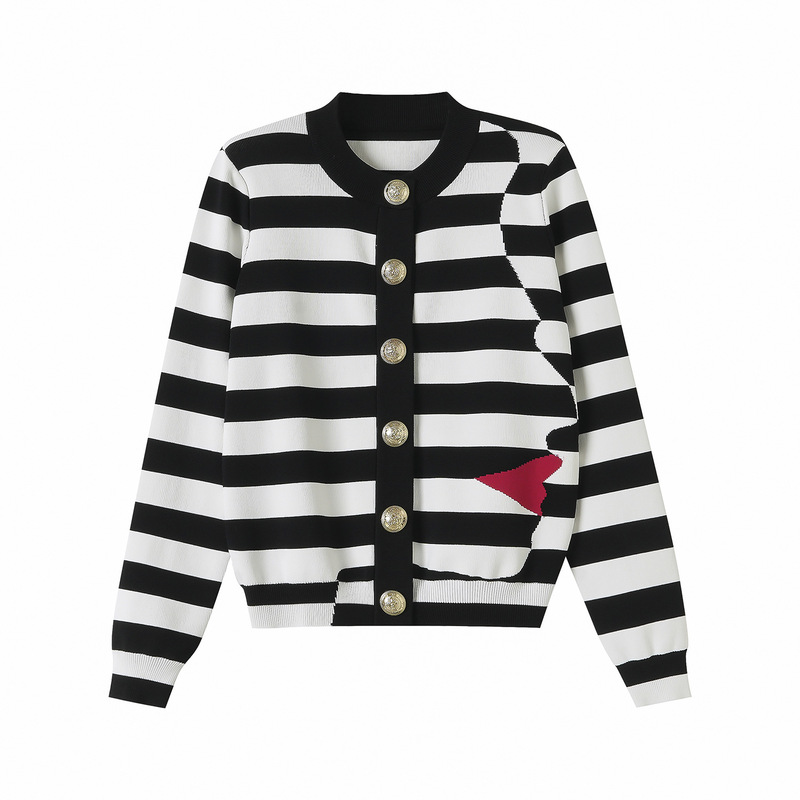 2026 Spring and Autumn New Style Black and White Color Block Striped Slim Fit Exquisite Pearl Button Round Neck Knitted Cardigan for Women