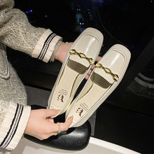 早春粗跟一脚蹬小皮鞋多巴胺紫色全皮乐福鞋链条低跟3CM方头单鞋