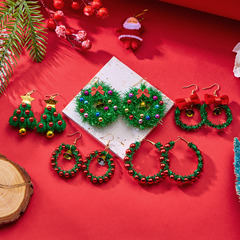 クロスボーダークリスマスイヤリング、高級感のあるダイヤモンド付きクリスマスツリー、リボン、花輪、ベルペンダント、個性的なアシンメトリーイヤリング
