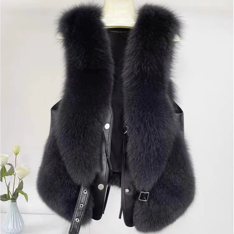 Women's Short Leather Vest 2025 Autumn and Winter Faux Fur Padded Patchwork Vest Jacket Women's Fox Fur Fashionable Versatile