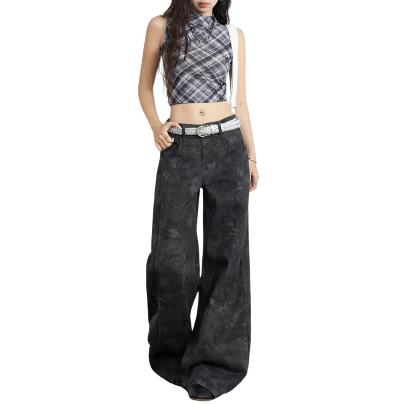 OEMODM denim factory custom black and gray casual pants for women, American style slim-fit pleated printed denim wide-leg pants OEMODM denim factory custom black and gray casual pants for women, American style slim-fit pleated printed denim wide-leg pants