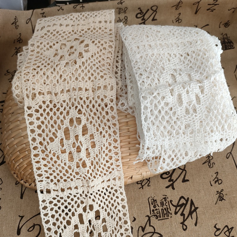 方格块棉线花边宽边材料辅料仿钩针布料窗帘桌布拼接蕾丝边面料