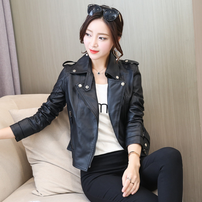 Women's Short Leather Jacket for Spring and Autumn 2026, New Korean Style Slim Fit Black Student Pu Leather Biker Jacket
