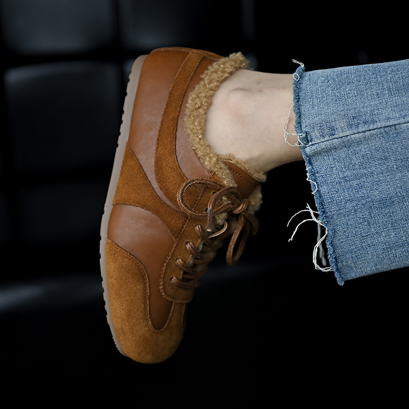 主推 牛皮加绒德训鞋女平板鞋 真皮加绒休闲单鞋女平底女鞋秋冬