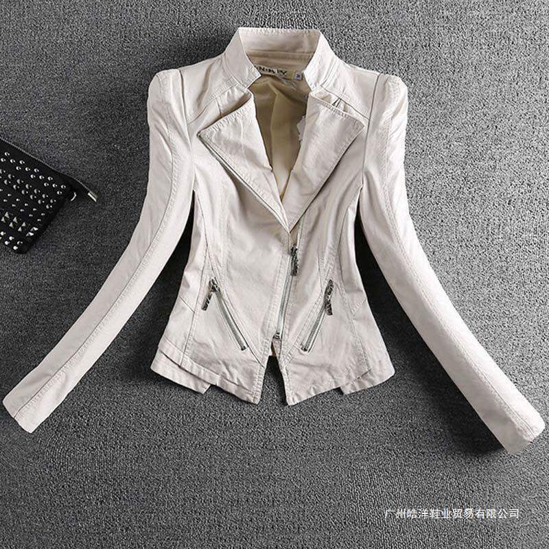 Spring and Autumn Petite Slim-Fit Leather Jacket for Women, Short Washed Pu Leather Jacket, Slimming Leather Coat