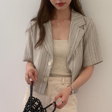 实拍 小众复古 撞色条纹 翻领单排扣短袖外套短款西装上衣女装