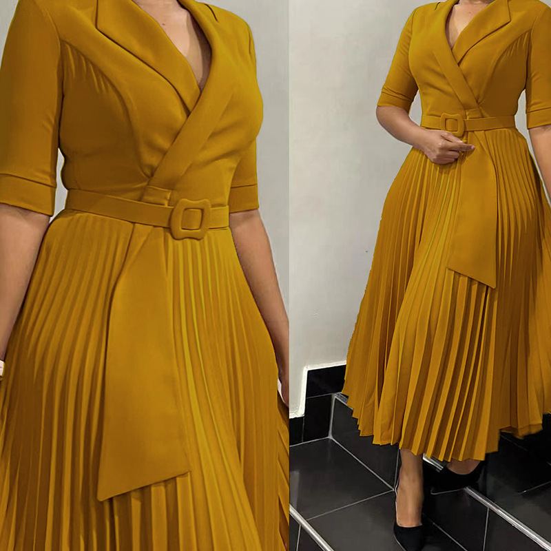 Women's Blazer Collar Pleated Waist Skirt Set For Autumn Winter_voghion.com