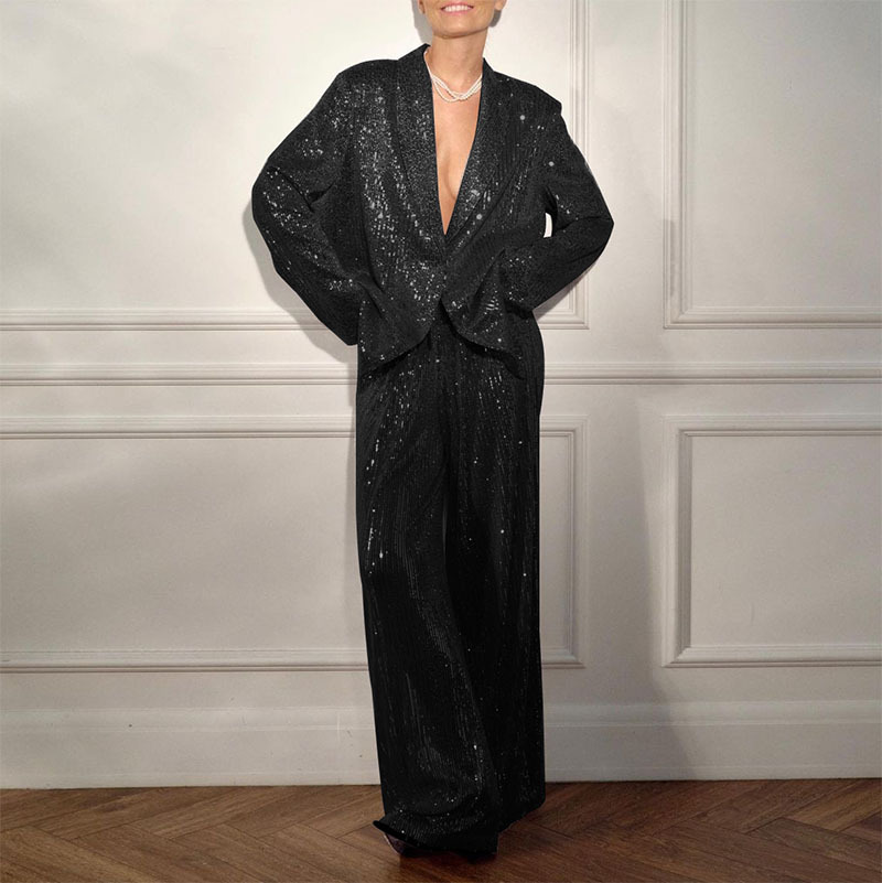 Damenbekleidung Mode Lässig Damenbekleidung Paillettenanzug Jacke Hose Anzug Temperament Elegante Paillettenoberhose_voghion.com