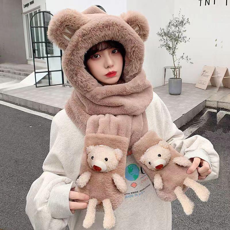 熊の帽子秋冬の韓国版のかわいい女性の毛のマフラーの一体の冬の自転車の保温の手袋の3セットの潮|undefined