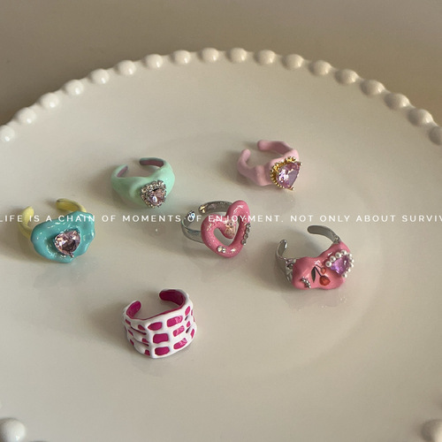 Small-town design metal enamel drip oil stackable ring for girls, Y2K sweet girl high-end macaron open ring