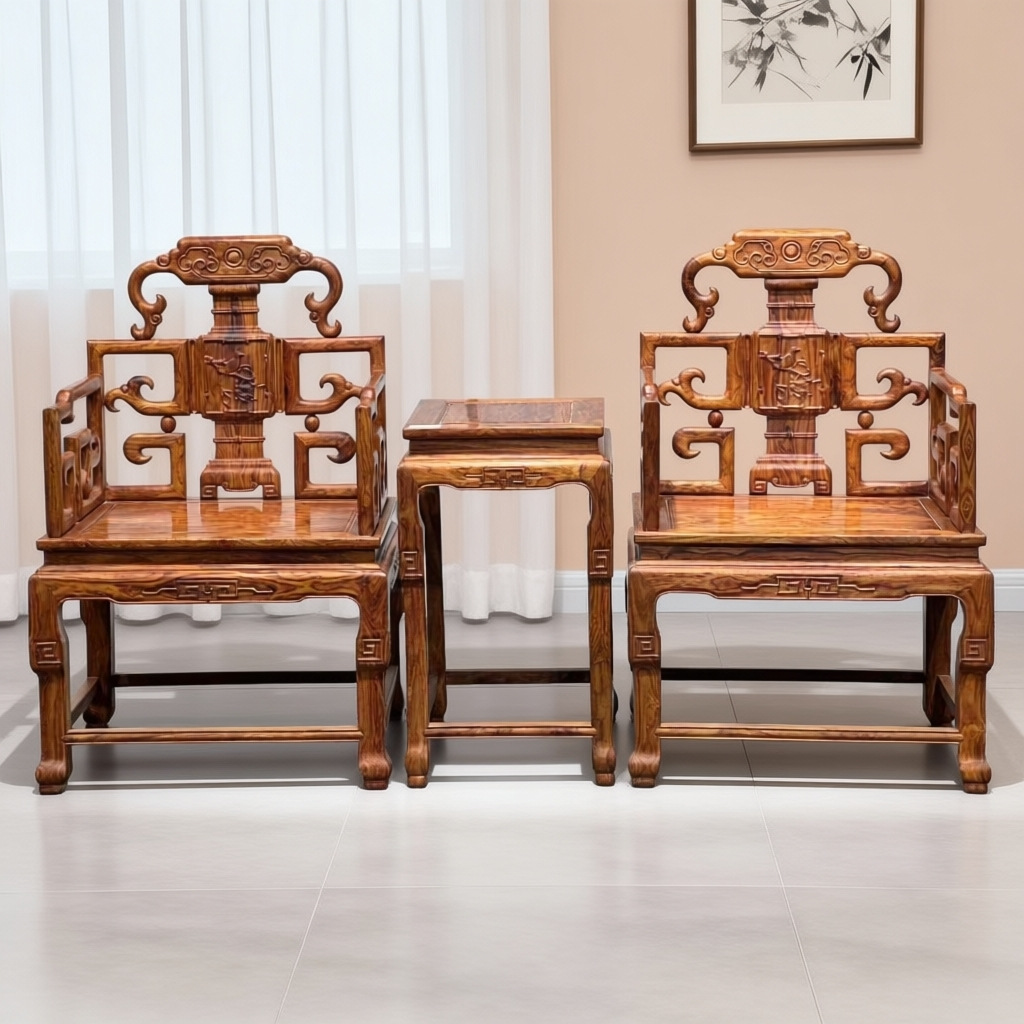 Mahogany furniture, three-piece set of imperial chairs, solid wood leisure tea chairs, classical work chairs, Hainan Huanghuali
