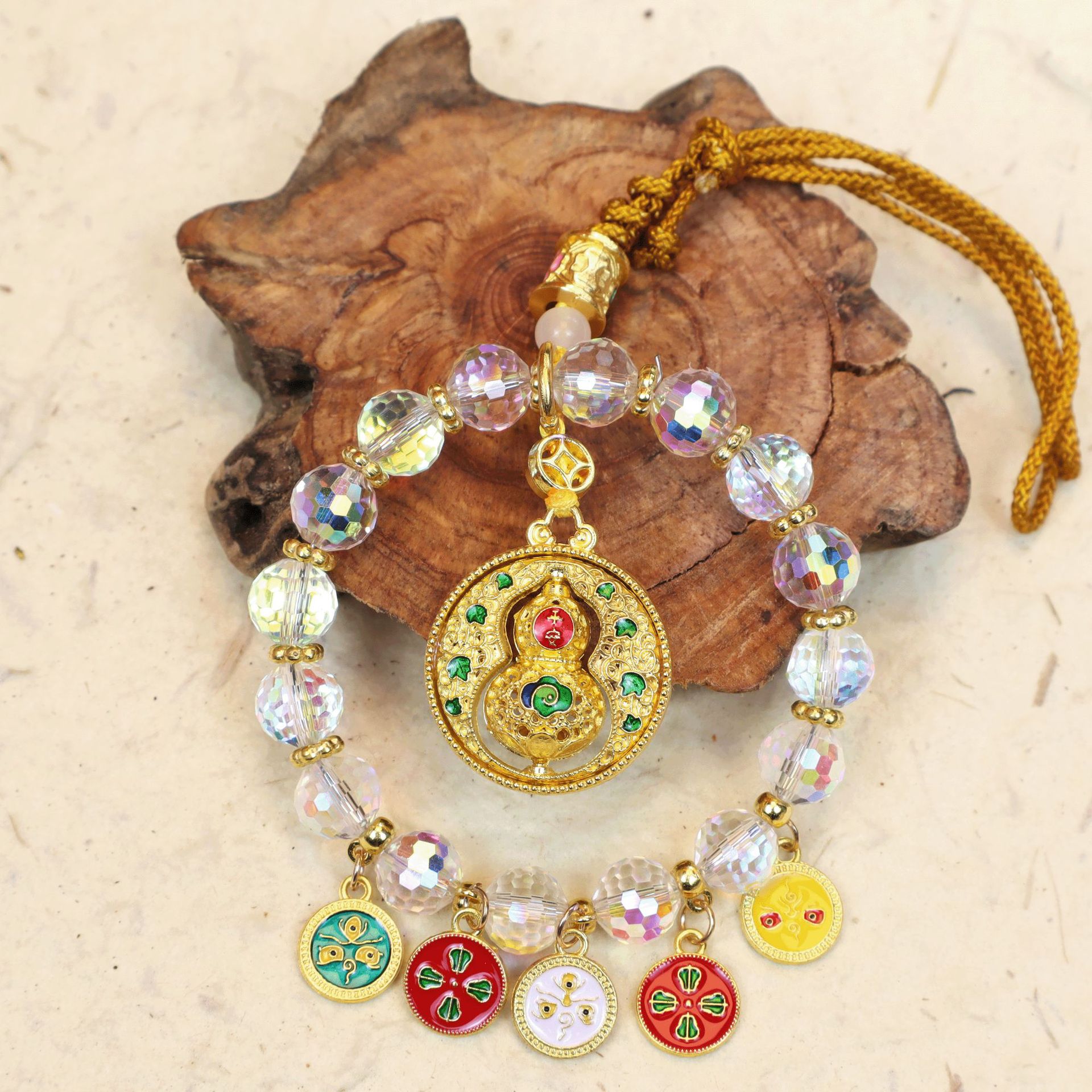 Crystal Five-Path Fortune God Car Hanging Ornament, Multicolor Abacus Lock, High-End Rearview Mirror Decoration, Wealth-Attracting Car Pendant, Interior Car Decoration