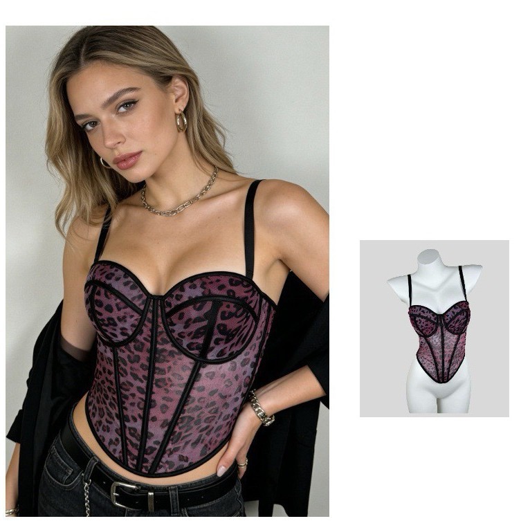 Cross-border leopard print mesh fishbone bra with built-in chest pads, back clasp closure, slimming and sexy hot girl camisole