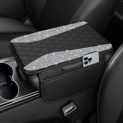 Diamond-embellished car interior armrest pad, diamond-filled armrest box pad for women, protective cover with hot-stamped diamonds, armrest box pad (Armrest box) - white-diamond