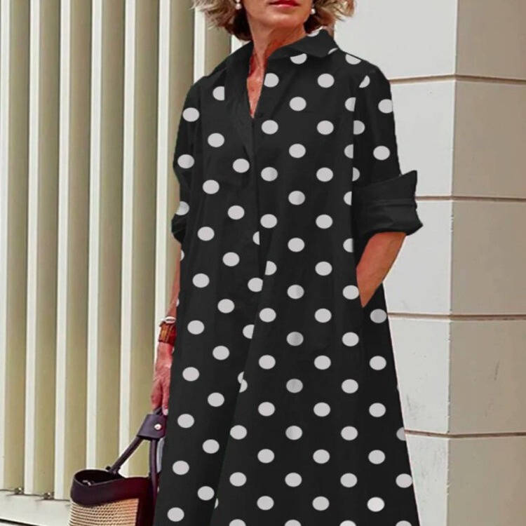 2022 Amazon Autumn New Fashion Elegant Wave Dot Printed Shirt Collar Long Sleeve Medium Long dress Black