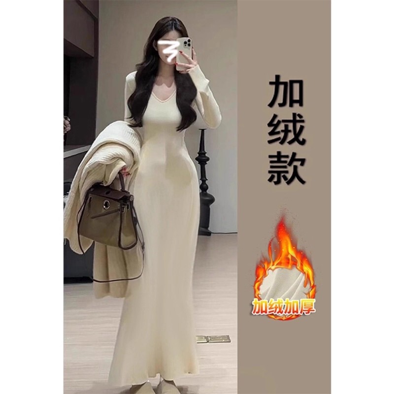 黑色穿搭v领步步生莲鱼尾裙女冬季针织内搭连衣裙v领赫本风连衣裙|undefined