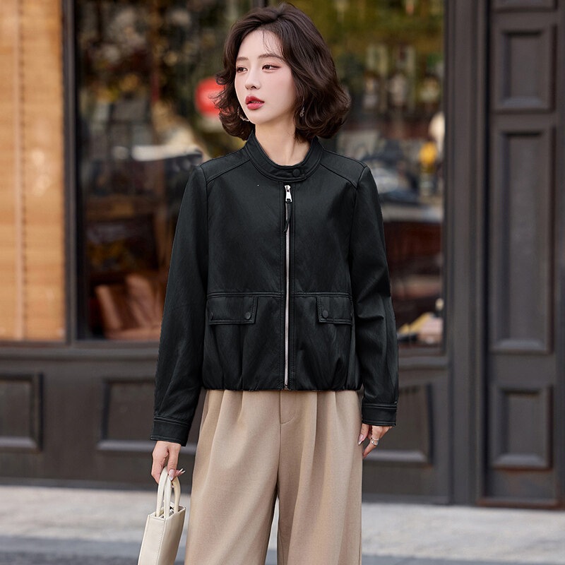 2026 Spring New High-End Stand-Collar Short Leather Jacket for Women, Slim-Fit Casual Biker Leather Jacket