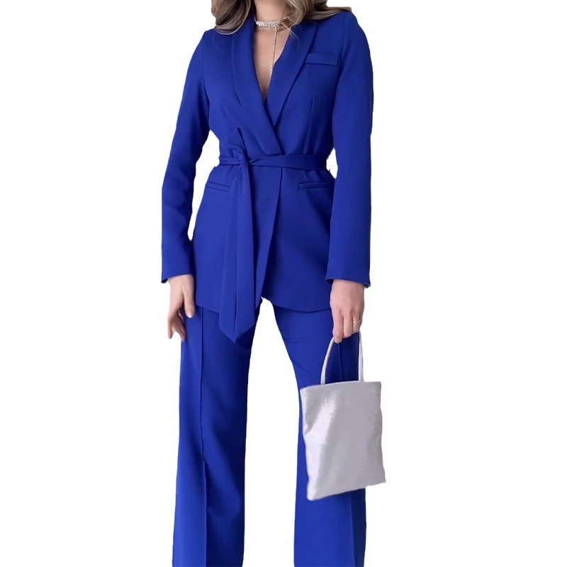 GraceChic Cross-Border European And American Trade Solid Color Elegant Waist-Tie Slim Fit Blazer With Straight-Leg Flared Suit_voghion.com