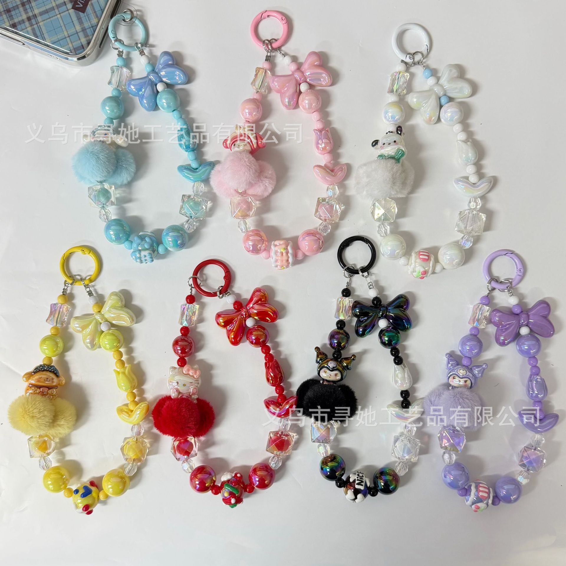 Cartoon Doll Beaded Phone Chain, Fur Ball Phone Case Hanging Chain, Camera Pendant, Hand-Painted Beaded Hanging Chain Wholesale