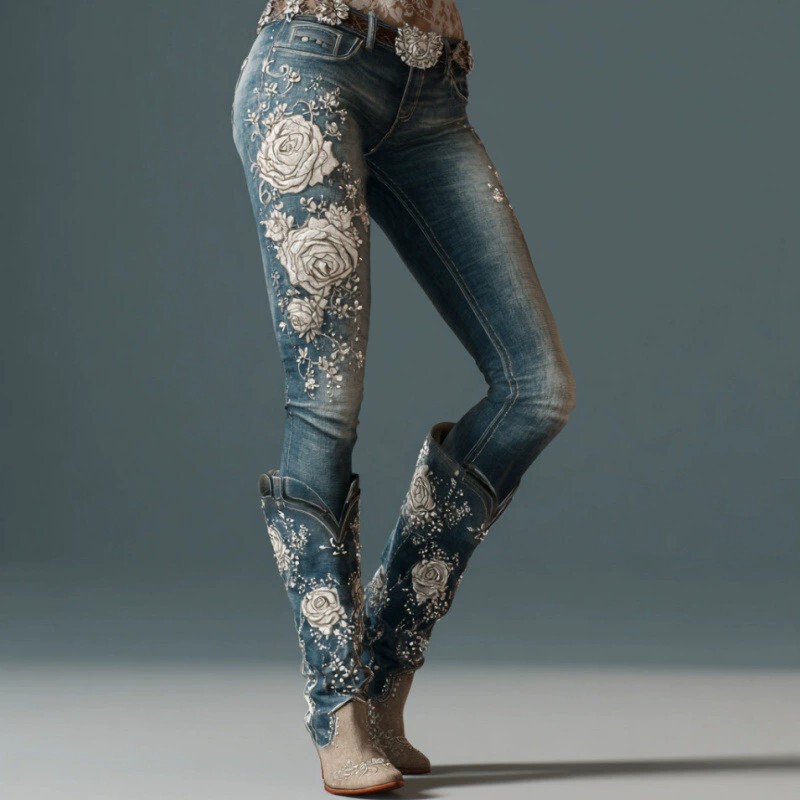 Amazon Independent Station European and American Cross-Border 3D Printing Women's Fashion Casual Floral Print Straight Jeans
