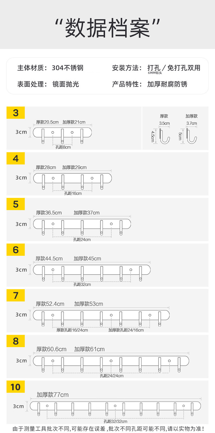 免打孔304不锈钢挂衣钩加厚挂钩新款排钩门后衣帽钩浴室厨房挂件详情3