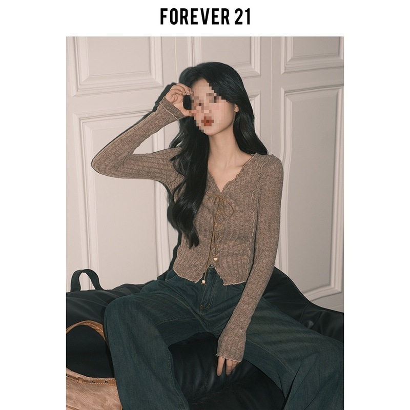 Forever21卡其色气质小V领针织小开衫女修身别致长袖绑带打底上衣|undefined