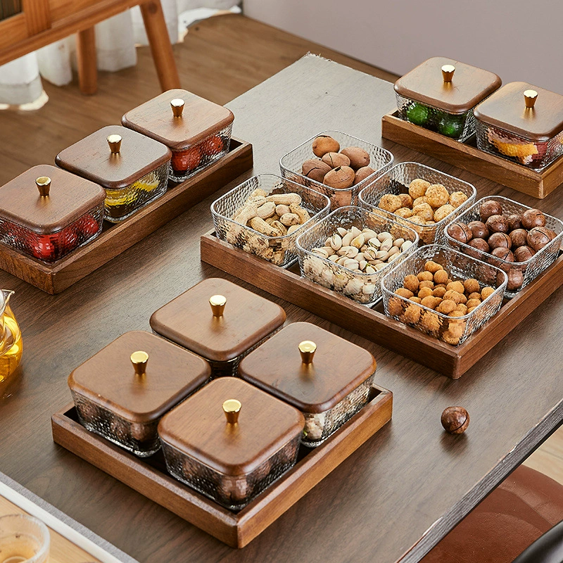 Новая ореховая легкая роскошная стеклянная тарелка для фруктов для дома, гостиной с крышкой, коробка для сухофруктов, коробка для конфет, тарелка для чая, закусок