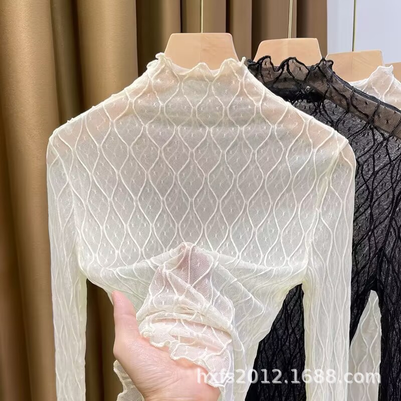 High Collar Lace Inner Shirt Women's Autumn and Winter 2024 New Style Western Style Thin Shirt White Mesh Base Shirt Long Sleeve