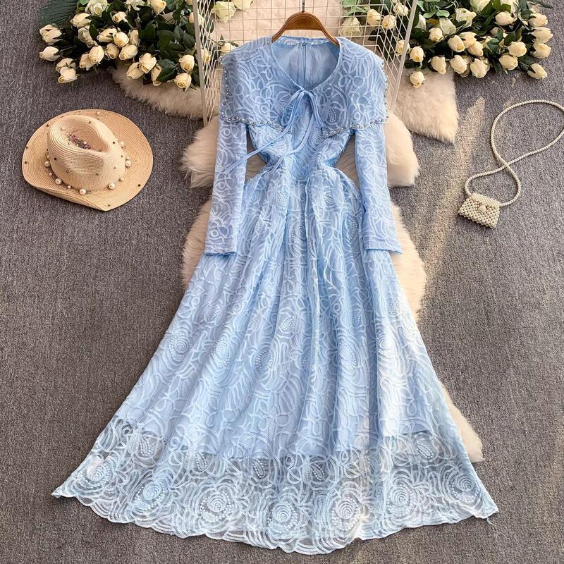 French-Style Socialite Dress with Heavy Embellishments, Rhinestones, and Pearls, Featuring a Navy Collar, Stunning Fairy-Like Lace, Waist-Cinching, and an Elegant Large Hem Skirt