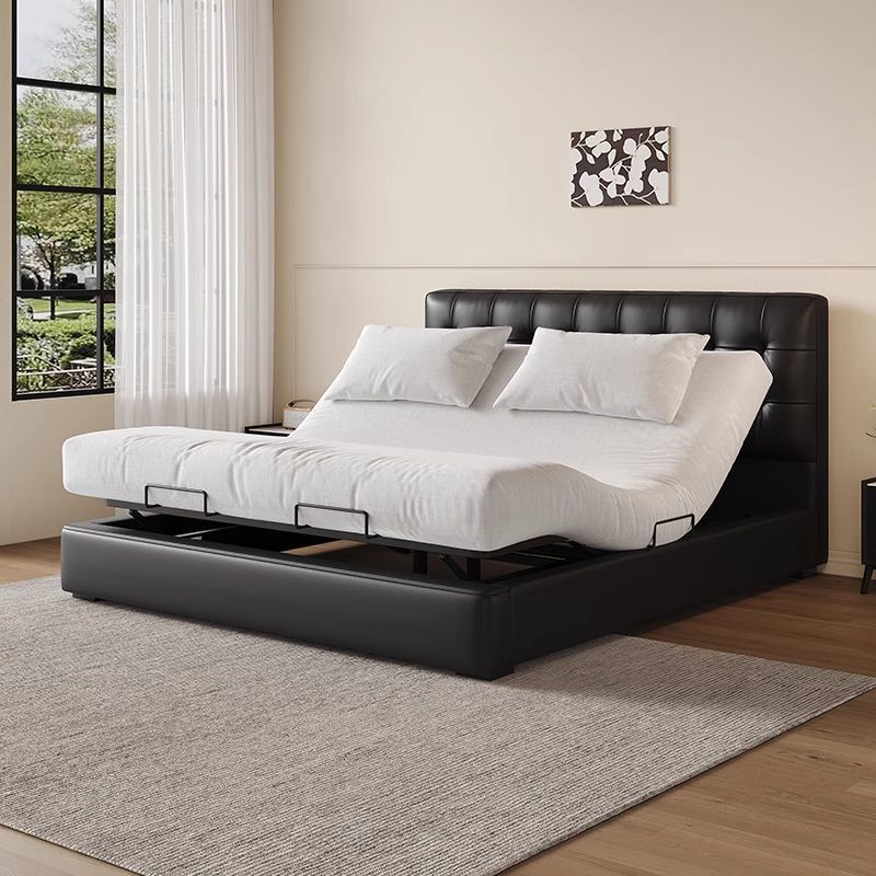 Waffle-Patterned Smart Electric Leather Bed, Modern Minimalist Master Bedroom Double Bed, Floor-Standing, Non-Disturbing Design