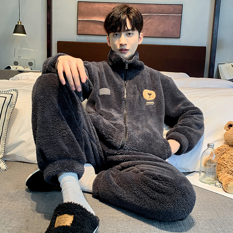 Invierno Nueva cremallera de cuello alto de los hombres más el tamaño de la franela prendas de vestir exteriores de manga larga pantalones de lana de coral cálido homewear