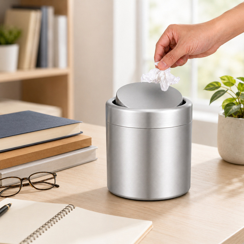 304 Stainless Steel Desktop Trash Can Round 1.5L Flip-Top Bathroom Mini Countertop Paper Basket Debris Storage Bucket