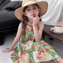Sweet Girls' Summer 2024 Children's Rabbit Cartoon Print Sleeveless Tank Dress Cross-border