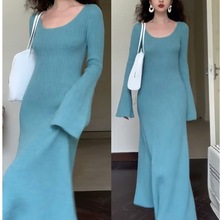 实拍秋冬韩国修身包臀领长款过膝打底内搭鱼尾针织连衣裙女