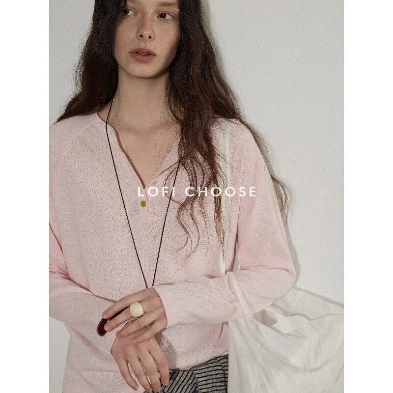 Lofi Choose Bright-Colored Button Embellishments with a Textured Feel, Henley Collar Long-Sleeve T-Shirt for Women, New Autumn Design Top Lofi Choose Bright-Colored Button Embellishments with a Textured Feel, Henley Collar Long-Sleeve T-Shirt for Women, New Autumn Design Top