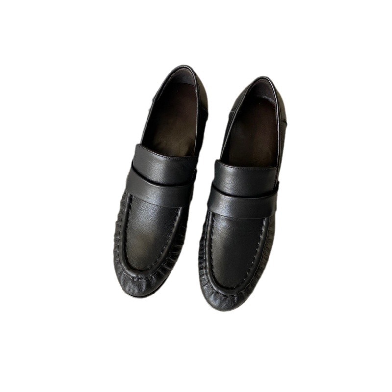 CHUN YUAN RETRO * COWHIDE PLEATED HIGH HEEL LOAFERS 라운드 발가락 가죽 편안한 슬립 온 두꺼운 힐 여성 싱글 슈즈