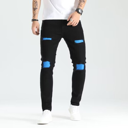 Cross-border new holey ankle men's pants European and American elastic patch trendy fashion jeans for men