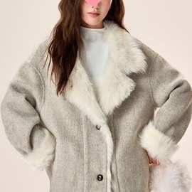 羊驼绒双面呢夹克外套女短款设计感韩版小个子时尚皮毛领羊绒大衣