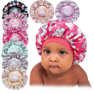 Amazon cross-border hot selling children's satin nightcap baby hair care cap infant printing shower cap one-piece delivery