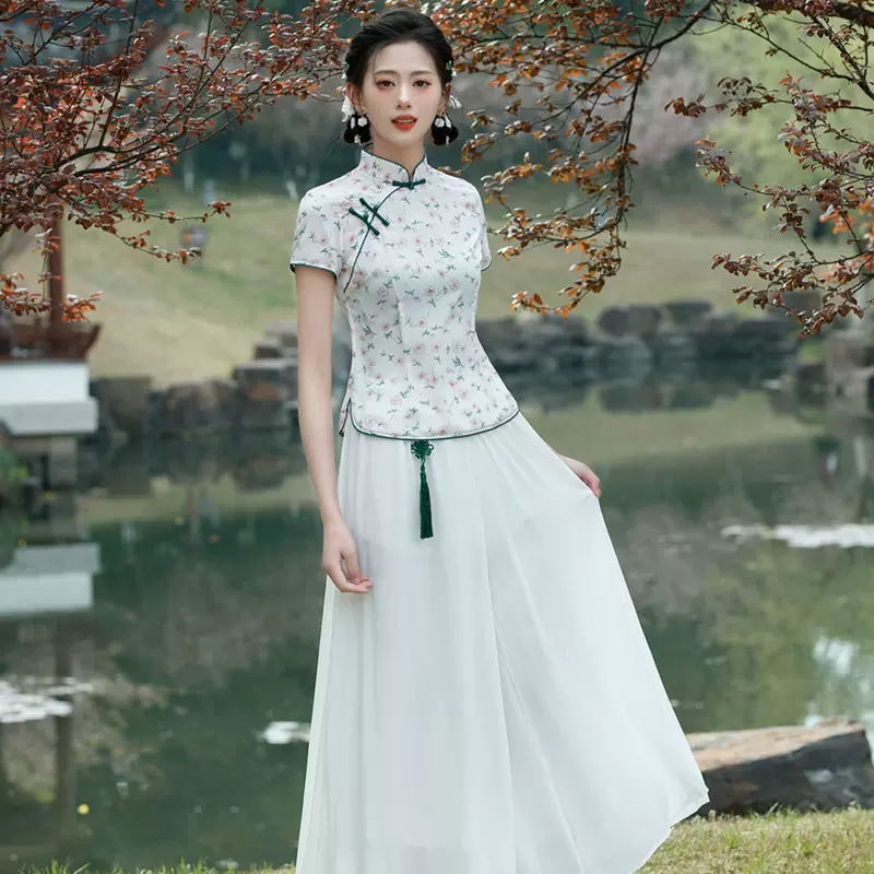 现货旗袍套装改良版少女夏季短袖两件套连衣裙日常修身中式新中式