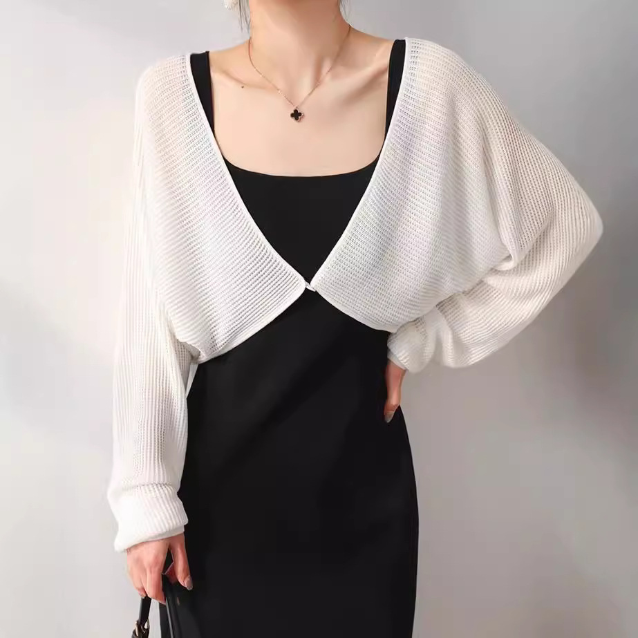 Single-button batwing sleeve Tencel cardigan knitted cardigan women's summer sun protection camisole suspender outer layer white sun protection breathable