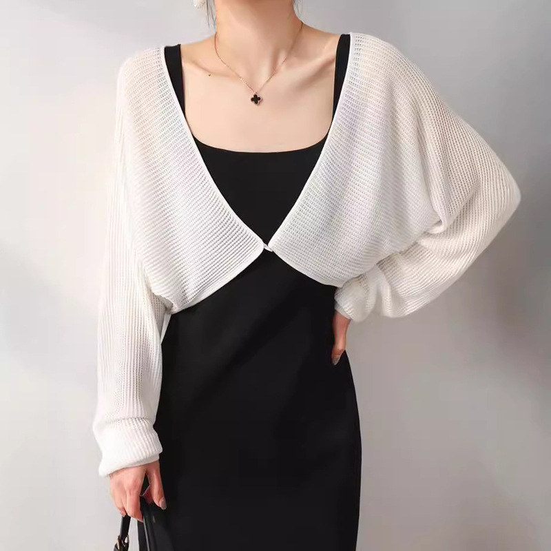 One-Button Bat-Sleeve Tencel Blouse Knitted Cardigan for Women Summer Thin Cut Out Sun Protection Waistcoat Suspender with White
